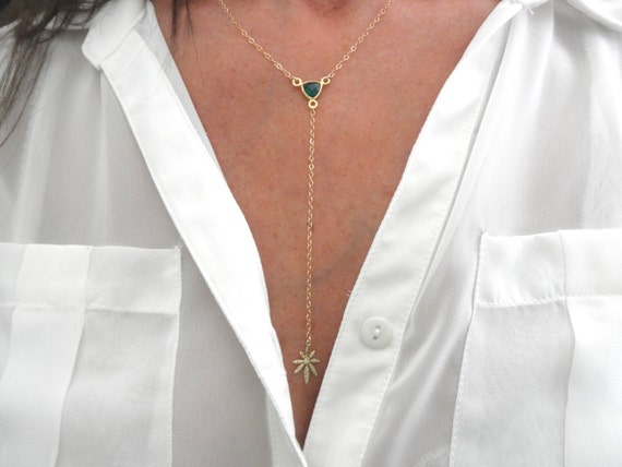 Green Onyx Cannabis Leaf Y Necklace – Gold Vermeil, Sterling Silver