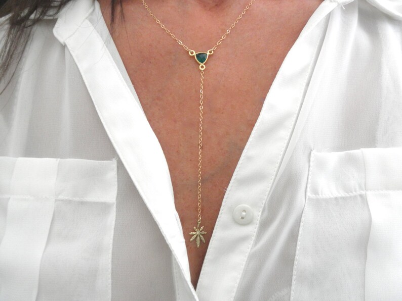 Green Onyx Cannabis Leaf Y Necklace – Gold Vermeil, Sterling Silver image 1