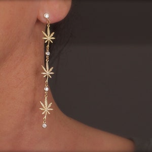 Long weed earrings with cz charms - cz stud - dangle pot earrings - dangle  leaf earrings  - long marijuana earrings -  statement earrings