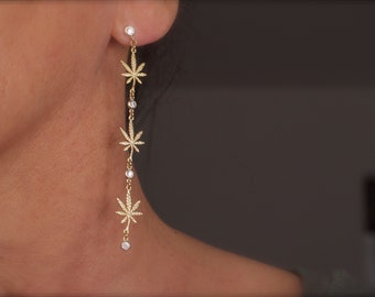 Long Marijuana Leaf Earrings with CZ Charms