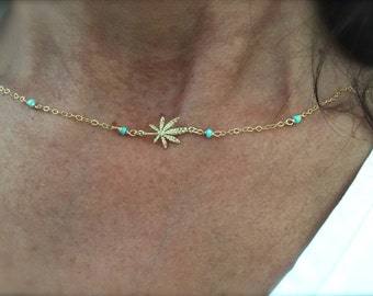 Marijuana Leaf Necklace with Turquoise Beads – Gold, Rose Gold, or Silver
