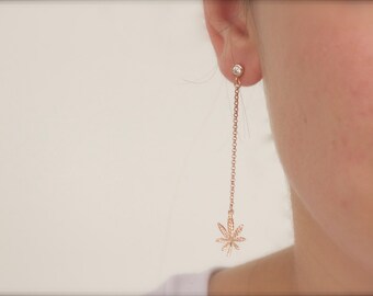 CZ Stud Marijuana Leaf Chain Earrings – Gold, Rose Gold, Silver