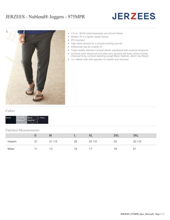 Jerzees Joggers Size Chart