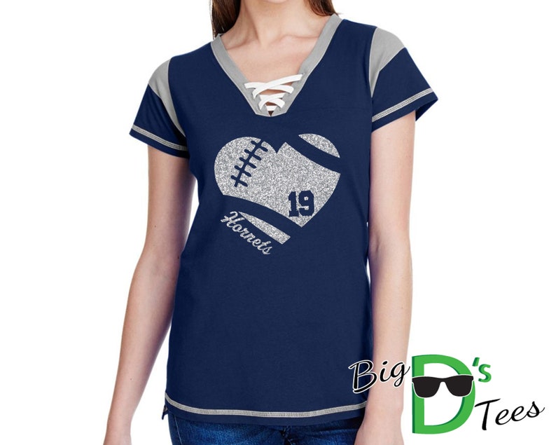 Custom Glitter Football Heart Women/'s V-Neck Football Style Shirt Amazing Spirit Wear Football Shirt