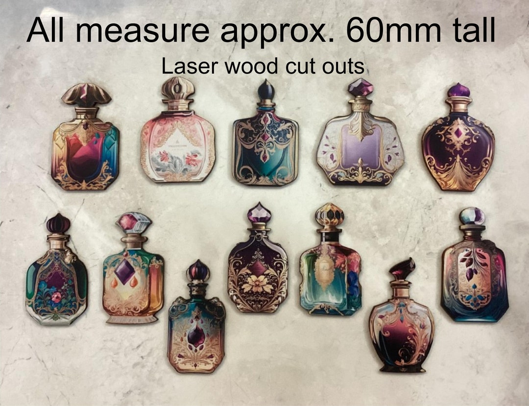 Perfume Bottles. This is a Packet of 12 X Laser Wood Cut Outs. Suitable