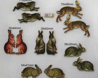 Hares and Rabbits. 12 x Vintage art on wood.