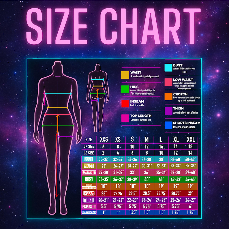 May include: Size chart for clothing with measurements in inches. The chart includes sizes XXS to XXL, with corresponding UK and US sizes. Measurements are provided for bust, waist, low waist, hips, inseam, thigh, top length, and shorts inseam.
