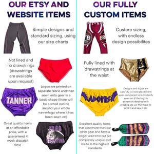May include: A comparison of wrestling gear options. The left side shows simple designs with standard sizing and the option to add drawstrings. The right side shows fully customizable wrestling gear with endless design possibilities. The gear is available in a variety of colors, including purple, gold, red, and black.