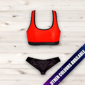 May include: Red sports bra with black trim and matching black bikini bottoms. "OTHER COLOURS AVAILABLE" is written on a blue and purple background.