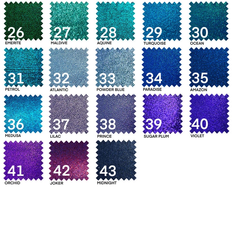 May include: A chart of 43 different colors of fabric swatches. The swatches are arranged in rows of five, with the numbers 26 through 43 printed on each swatch. The colors range from dark green to dark blue to purple.