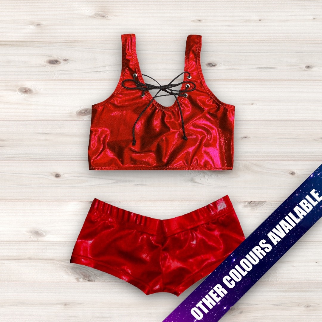 Pro Wrestling Gear Womens Sparkly Lace up Crop Top and Pants Set