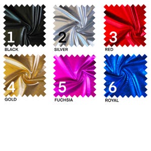 May include: Six fabric swatches in different colors, numbered 1 through 6. The colors are black, silver, red, gold, fuchsia, and royal blue. The swatches are arranged in two rows of three.