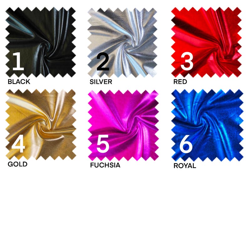 May include: Six fabric swatches in different colors, numbered 1 through 6. The colors are black, silver, red, gold, fuchsia, and royal blue. The swatches are arranged in two rows of three.