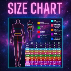 May include: Size chart for clothing with measurements in inches. The chart includes sizes XXS to XXL, with corresponding UK and US sizes. Measurements are provided for bust, waist, low waist, hips, inseam, thigh, top length, and shorts inseam.