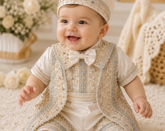 Baby Boy ivory luxury baptism romper christening ivory outfit cape and hat set