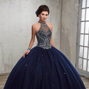 sweet 16 navy blue dresses Sequins Long Tulle Gown, Blue Party Dress prom dress cg9199 perfect for U.S Glitter Navy Blue Quinceanera Dresses