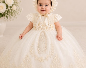 Baby Girl Baptism Dress: Ivory Tulle, Virgin Mary Embroidery, Floral Appliqués, Bonnet Included