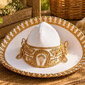 May include: A white sombrero with gold embroidery and trim. The hat features a rounded crown and a wide, flat brim. The gold detailing includes ornate patterns and decorative accents, creating a festive and elegant appearance.