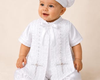 Baby Boy Baptism christening white outfit cape and hat set