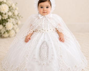 Baby Girl Baptism Dress with Cape, Christening Gown with Bonnet, Virgen de Guadalupe Embroidered Dress, Baby Dedication Outfit