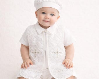 Baby Boy Baptism Romper & Hat Set – Embroidered Vest, Christening Outfit