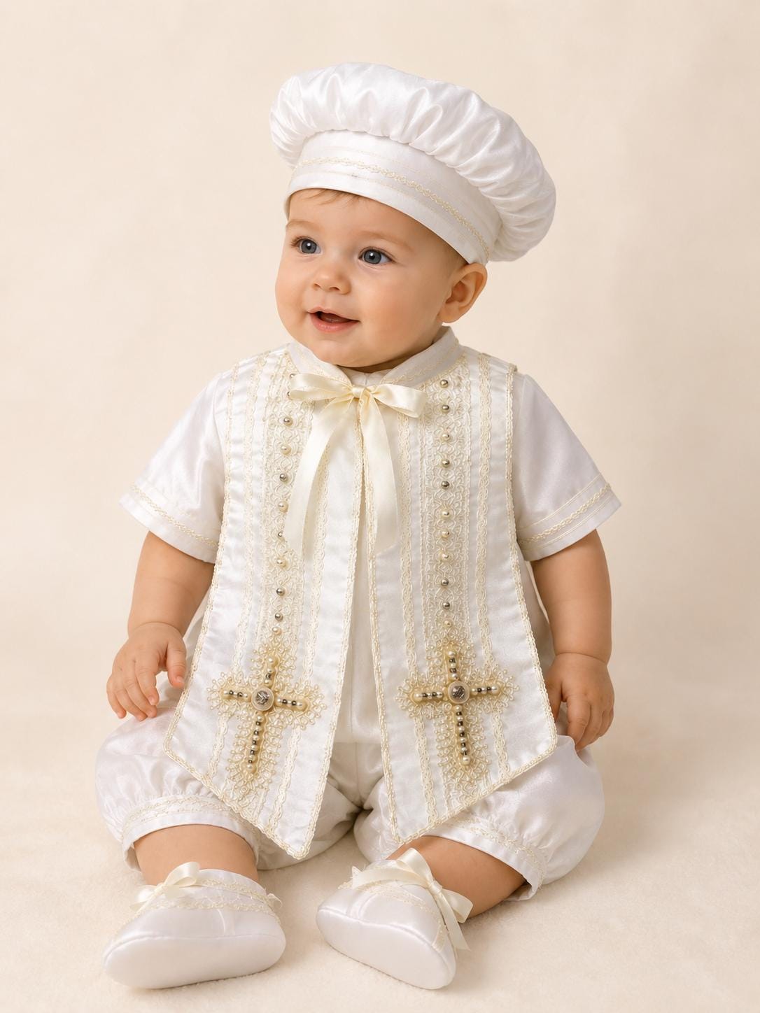 Baby Boy Baptism christening ivory outfit cape and hat set