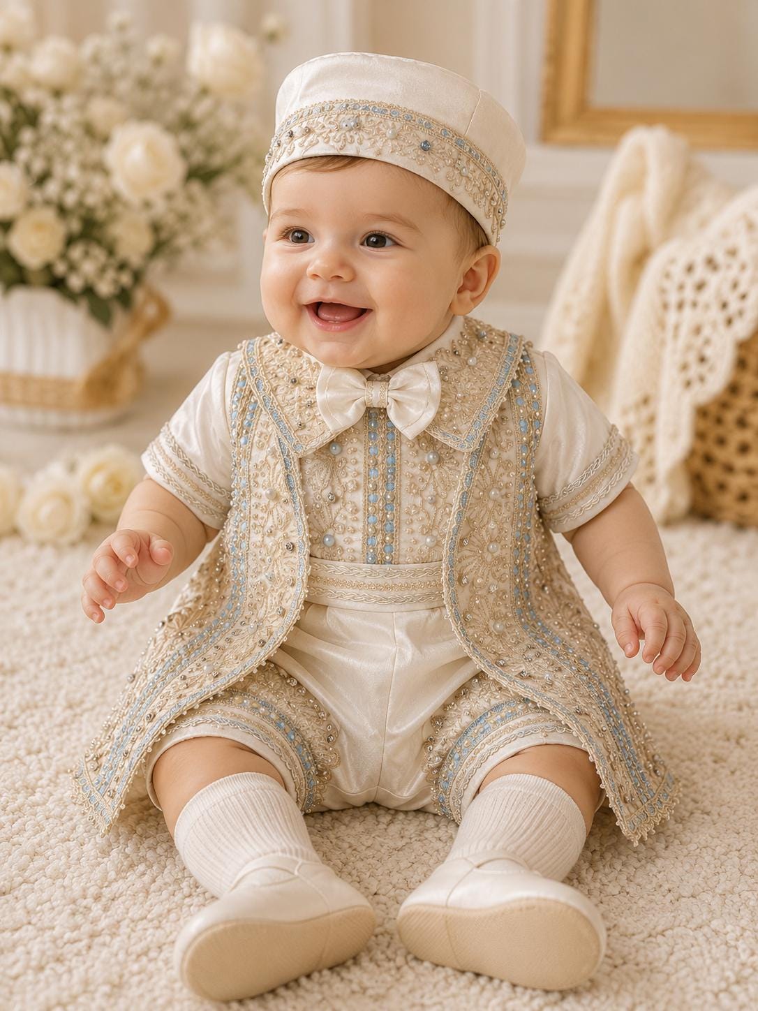 Baby Boy ivory luxury baptism romper christening ivory outfit cape and hat set