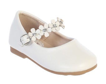 Girls White Flower Embellished Strap Leatherette Mary Jane Shoes
