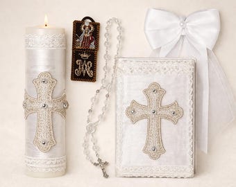 First Communion Candle Set for Boys: Embroidered Cross Candle, Bible, Rosary, Escapular