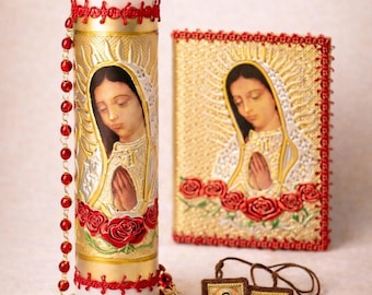 Lady of Guadalupe Candle Set: Rosary, Bible, Escapular for Confirmation