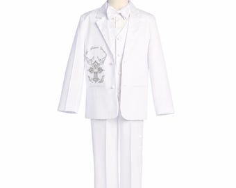 Boys first communion full white tuxedo suit mi primera comunión traje embroidery