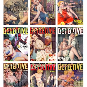 Spicy Detective Pulp Magazine Cover Art Digital Printable Collage Sheet - Retro Pulp Covers, Vintage Illustrations Pin-Up - Instant Download