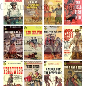 Hoja de collage imprimible digital de arte de portada de novelas de pulpa occidental clásicas - Pulpas retro, ilustraciones vintage, viejo oeste - Descarga instantánea