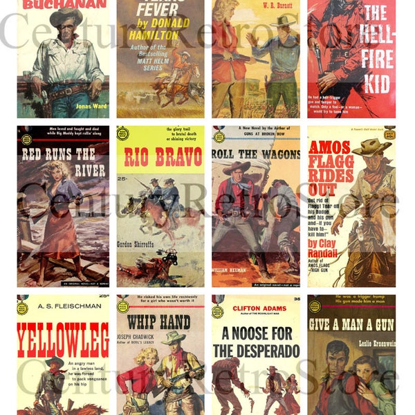 Classic Western Pulp Novels Cover Art Digital Printable Collage Sheet - Retro Pulps, Vintage Illustrations, Old West - Instant Download