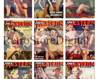 Pittige westerse pulp tijdschriftomslagkunst digitaal afdrukbaar collageblad - retro pulpomslagen, vintage illustraties pin-up - direct downloaden