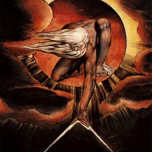 Könnte beinhalten: Eine Illustration, die eine muskulöse Figur mit langen weißen Haaren und Bart zeigt, die in einem feurigen roten Kreis kniet. Die Figur greift nach einem weißen dreieckigen Objekt, mit dunklem Hintergrund und dramatischer Beleuchtung.