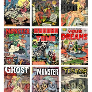Klasyczna okładka komiksu Horror Cyfrowy wydrukowany arkusz kolażu - okładki retro, ilustracje vintage Sztuka potworów - natychmiastowe pobranie