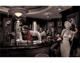 Java Dreams med James Dean, Marilyn Monroe, Elvis Presley och Humphrey Bogart av Chris Consani, konsttryck, affisch 17x11 - Klassisk glansig affisch