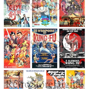 Carteles de películas de artes marciales arte hoja de Collage imprimible Digital - carteles de películas Retro, ilustraciones Vintage, descarga instantánea de Kung Fu Karate
