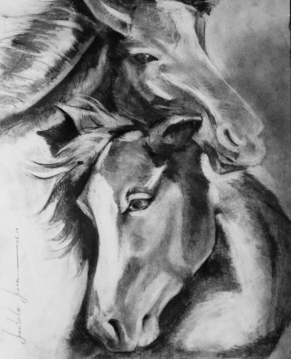 Impression Du Dessin Au Crayon De Gorgeouse Sur Papier Langue Source Chevaux Couple Noir Et Blanc Signé Encadré