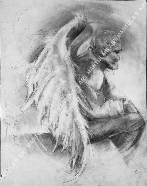 Oryginalny Rysunek Ołówkiem Wyblakły Anioł Unikatowy