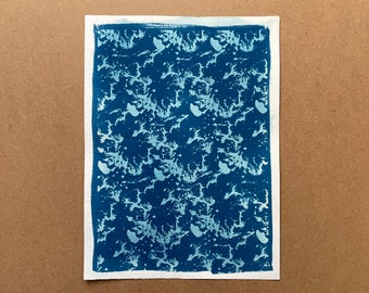 Blue cyanotype on lemon wave pattern paper Unique piece