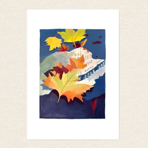 Peinture originale à la gouache Feuilles automne Pièce unique signée