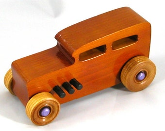 Wooden Toy Car, Hot Rod '32 Sedan, Handmade and Finished With Amber Shellac And Trimmed With Metallic Purple and Black Acrylic Paint