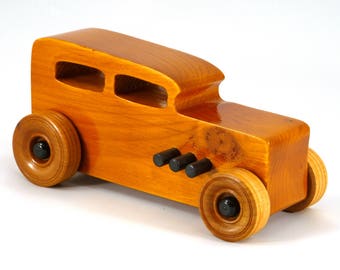 Handmade Wooden Toy Car: Hot Rod '32 Sedan – Amber Shellac Finish with Black Trim