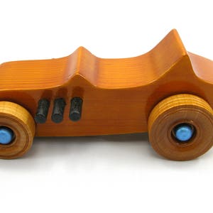 Handmade Wood Toy Car Hot Rod 1927 T-Bucket Amber Shellac Finish With Metallic Sapphire Blue and Black Trim