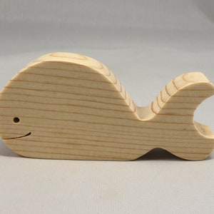 Handmade unfinished wooden whale toy cutout, chunky freestanding and stackable, sanded smooth and ready to paint, natural wood blank for kids craft and ocean theme play.