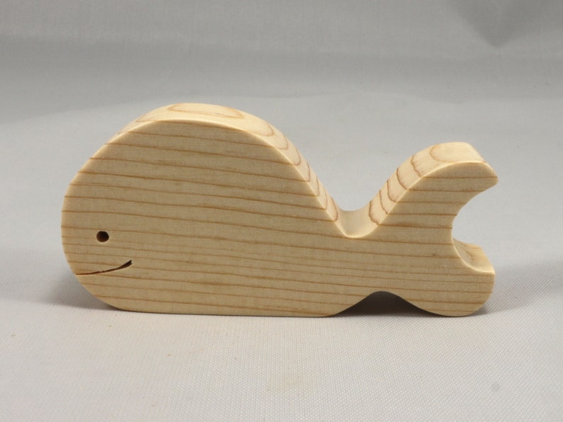 Handmade unfinished wooden whale toy cutout, chunky freestanding and stackable, sanded smooth and ready to paint, natural wood blank for kids craft and ocean theme play.