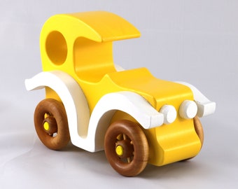 Wooden Toy Car Modeled After The Classic Model-T Sedan Painted Bright Yellow, White, & Amber Shellac - Made To Order