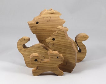 Wood Toy Stacking Puzzle Lion Family, Mom Dad and Baby/Cub Handmade and Finished with Mineral Oil and Beeswax, Freestanding and Stackable